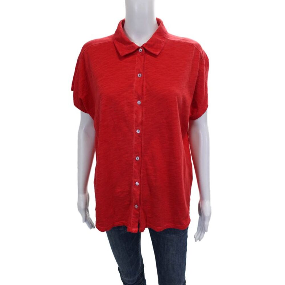 Elliott Lauren Women Red Collared Cotton Short Sleeve Basic Button-Up Size XL